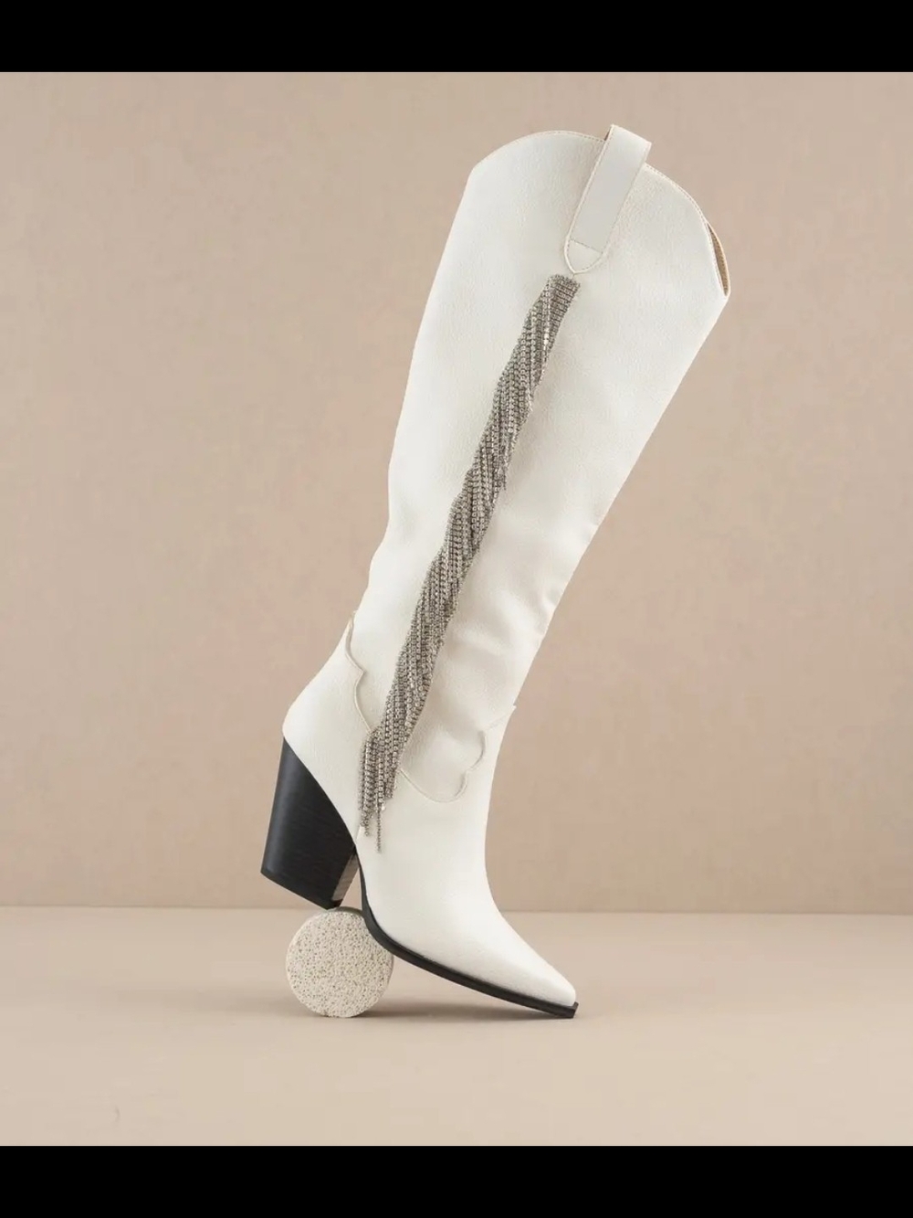 Women's White Over-the-Knee Leather Boots with Chain Tassel Detail